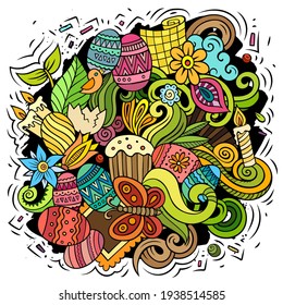 Happy Easter vector doodles illustration. Holiday elements and objects cartoon background. Color funny picture. All items are separated