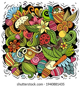 Happy Easter vector doodles illustration. Holiday elements and objects cartoon background. Color funny picture. All items are separated