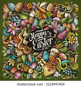 Happy Easter vector doodles illustration. Holiday elements and objects cartoon background. Color funny picture. All items are separated