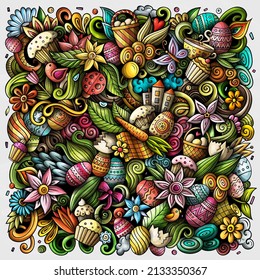 Happy Easter vector doodles illustration. Holiday elements and objects cartoon background. Color funny picture. All items are separated