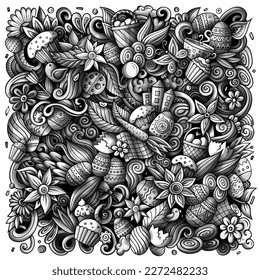 Happy Easter vector doodles illustration. Holiday elements and objects cartoon background. Monochrome funny picture. All items are separated