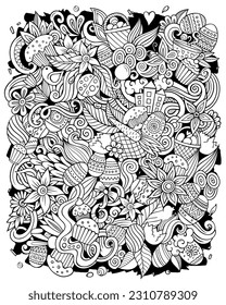 Happy Easter vector doodles illustration. Holiday elements and objects cartoon background. Line art funny picture. All items are separated