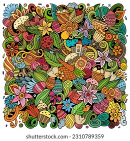 Happy Easter vector doodles illustration. Holiday elements and objects cartoon background. Color funny picture. All items are separated
