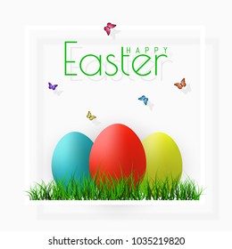 Happy Easter. Vector Easter eggs with grass, butterfly and flowers in frame, isolated on a gray background.