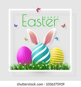 Happy Easter. Vector Easter eggs with grass, butterfly and flowers in frame, isolated on a gray background.