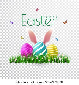 Happy Easter. Vector Easter eggs with grass, butterfly and flowers on transparent background, isolated on a gray background.