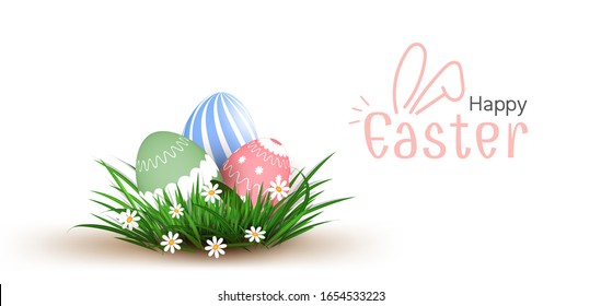 Happy Easter vector element for design.eggs in green grass with white flowers isolated on white background.Vector 3D style,greeting card, ad, promotion, poster, flyer, web-banner, article,