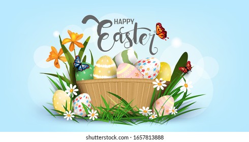 Happy Easter vector element for design.eggs in green grass with white flowers isolated on white background.Vector greeting card, ad, promotion, poster, flyer, web-banner, article,Vector 3D style