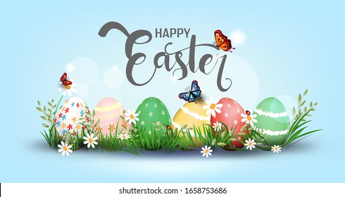 Happy Easter vector element for design.eggs in green grass with white flowers isolated on white background.Vector greeting card, ad, promotion, poster, flyer, web-banner, article,Vector 3D style