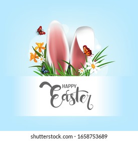 Happy Easter vector element for design.eggs in green grass with white flowers isolated on white background.Vector greeting card, ad, promotion, poster, flyer, web-banner, article,Vector 3D style