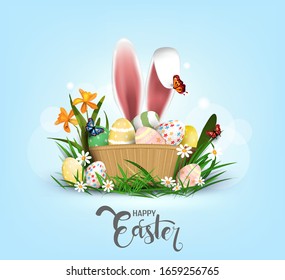 Happy Easter vector element for design.eggs in green grass with white flowers isolated on light background.Vector greeting card, ad, promotion, poster, flyer, web-banner, article,Vector 3D style