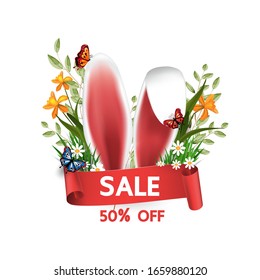 Happy Easter vector element for design.eggs in green grass with white flowers isolated on light background.Vector greeting card, ad, promotion, poster, flyer, web-banner, article,Vector 3D style