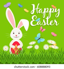 Happy easter vector elements for banner with white rabbit and flowers. Vector illustration