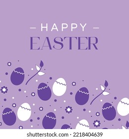 Happy Easter. Vector flat abstract Easter postcard with eggs, flower and dots on violet background. Modern pattern for poster, banner, flyer, postcard, spring theme presentation and web design. 