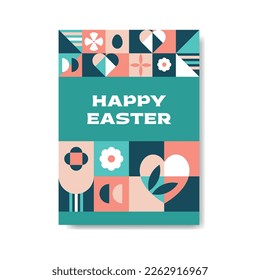 Happy Easter. Vector Flat Abstract Easter Neo Geometric Poster. Trendy Pattern for Poster, Banner, Flyer, Postcard, Spring Theme Presentation and Web Design.