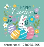 Happy Easter, vector flat illustration. Rabbits and Easter eggs surrounded by nature and decorative elements on a light background. For the design of postcards, website, congratulations