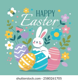 Happy Easter, vector flat illustration. Rabbits and Easter eggs surrounded by nature and decorative elements on a light background. For the design of postcards, website, congratulations