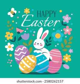 Happy Easter, vector flat illustration. Rabbits and Easter eggs surrounded by nature and decorative elements on a turquoise background. For the design of postcards, website, congratulations