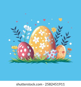 Happy Easter, vector flat illustration. Different patterns, Easter eggs surrounded by nature and decorative elements on a blue background. For the design of postcards, website, congratulations