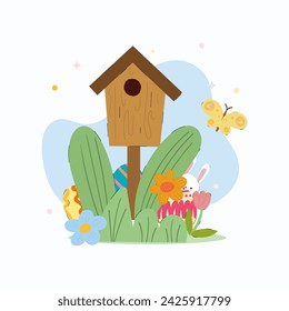 Happy Easter vector flat set, birdhouse