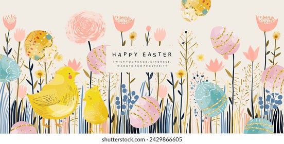 Happy easter! Vector floral illustration of watercolor Easter eggs, chick, flowers and plants for background, banner or greeting card