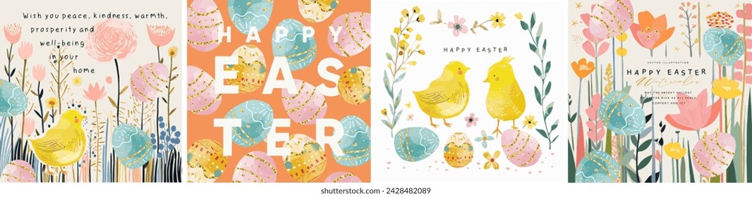 Happy easter! Vector floral watercolor illustration of Easter eggs, cute chick, spring flowers and plants, pattern for greeting card, invitation, background or poster