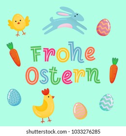 Happy Easter vector German cute banner with colored ornate eggs, cartoon chiken and Easter banny, rabbit on green paper background. Funny Easter poster, banner template for joy fun family celebration