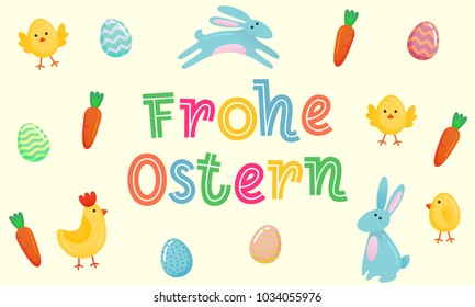 Happy Easter vector German cute banner with colored ornate eggs, cartoon chiken and Easter banny, rabbit on yellow paper background. Funny Easter poster, banner template for joy fun family celebration