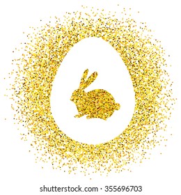 Happy Easter. Vector golden background with glitter and sparkles. Rabbit and egg. 