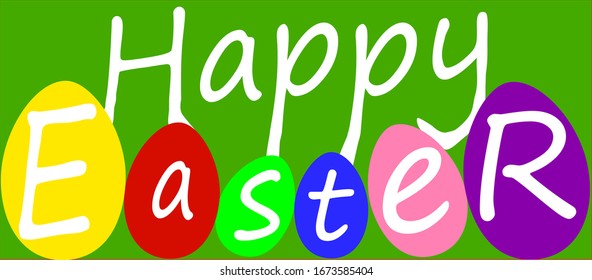 Happy Easter vector graphic text with eggs multi colour Easter eggs