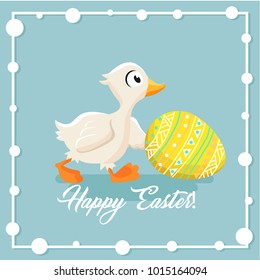 Happy Easter. Vector greeting card with cartoon duck and egg