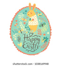 Happy Easter vector greeting card with cute cartoon rabbit.