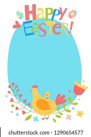Happy Easter vector greeting card. Cute funny hand drawn flat cartoon elements. Easter eggs, flowers and  chickens. Isolated on white. Kids illustration. Frame.