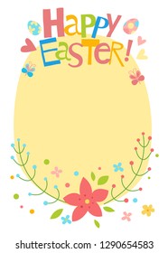 Happy Easter vector greeting card. Cute funny hand drawn flat cartoon elements. Easter eggs and flowers. Isolated on white. Kids illustration. Frame.