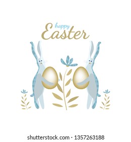 Happy Easter vector greeting card. Two bunnies holding eggs. Isolated elements and flowers on white background. 