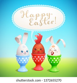 Happy Easter! Vector greeting card. Two funny bunnies and a young brown rooster are made of decorated eggs. Cute edible toys are sitting in the egg cups. Text in the comic bubble with a lacy fringe