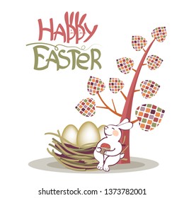 Happy Easter vector greeting card. Lettering Happy Easter with Easter Bunny Ears, tree with colorful mosaic leaves, nest with gold eggs, cheerful bunny with a cake under a tree. Succinct style.