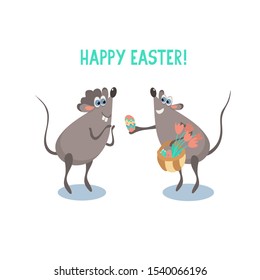 Happy Easter vector greeting card.  Cute mouse gives an Easter egg to its friend. 
