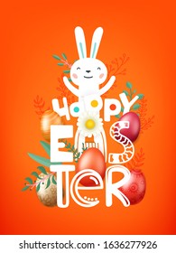 Happy Easter vector greeting card with comic style inscription and cute 

rabbit