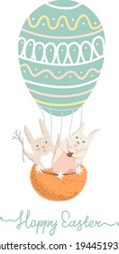happy Easter vector greeting card with bunnies in the balloon