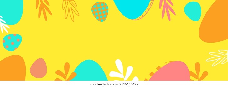 Tarjeta de felicitación de vector Happy Easter, pancarta o plantilla de diseño de afiches. Grabado geométrico y coloridos huevos de Pascua. Superposición del fondo amarillo creativo. Concepto moderno para las vacaciones. Vector