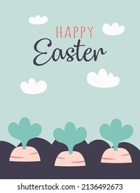 happy easter vector greeting card with carrots, festive background with text, poster with cartoon carrots in soil, simple flat design