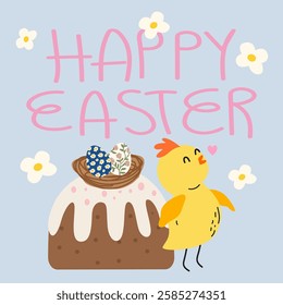 Happy Easter vector greeting card. Easter cake with glaze, sprinkles and easter eggs for Spring holiday. Cute little chicken character. Traditional dishes for Easter. Vector illustration