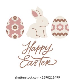 Happy Easter vector greeting card with decorated eggs and bunny. Holiday banner