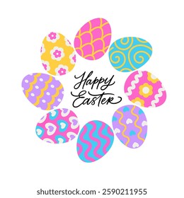 Happy Easter vector greeting card with frame of decorated eggs. Holiday colorful  banner with hand written calligraphy