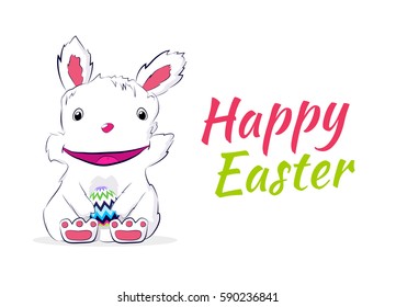 Happy Easter vector greeting card design. Sitting and smiling white bunny holds the painted egg