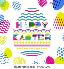 Happy Easter vector greeting card, banner or poster design template. Geometric lettering in egg shape and colorful Easter eggs on white background. Modern flat concept for holiday.