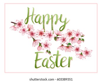 Happy Easter vector greeting card with pink flower blossom sakura branch. Cherry blooming and green lettering text in rectangular frame. Christian holiday congratulating banner. Spring design template