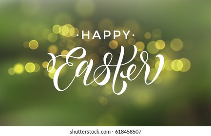 Happy Easter vector greeting card on sparkling background with gold blur bokeh light