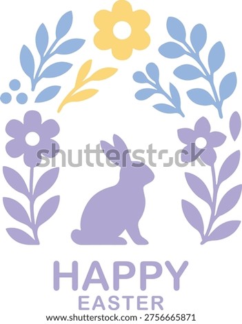 Happy Easter vector greeting card, minimalist flat style. Cute purple bunny silhouette with pastel flower wreath for spring celebration. Isolated on white background.